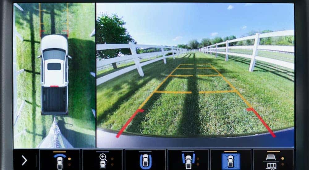 A close up shows the backup camera screen in a 2021 Chevy Silverado 1500.