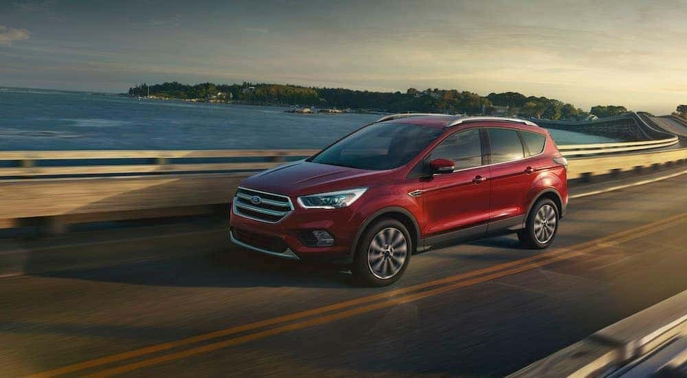 A red 2017 Ford Escape is shown from the side driving on an open road past a body of water.