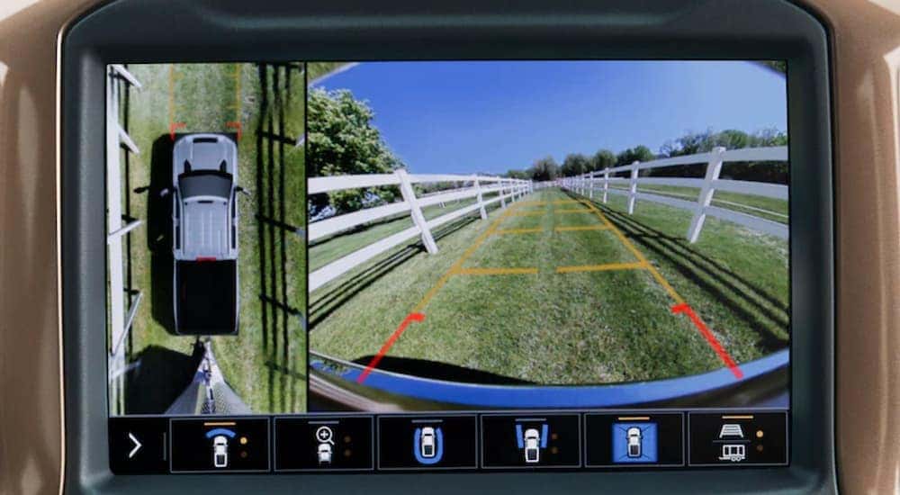 The backup camera on a 2022 Chevy Silverado 3500HD is shown in close up.