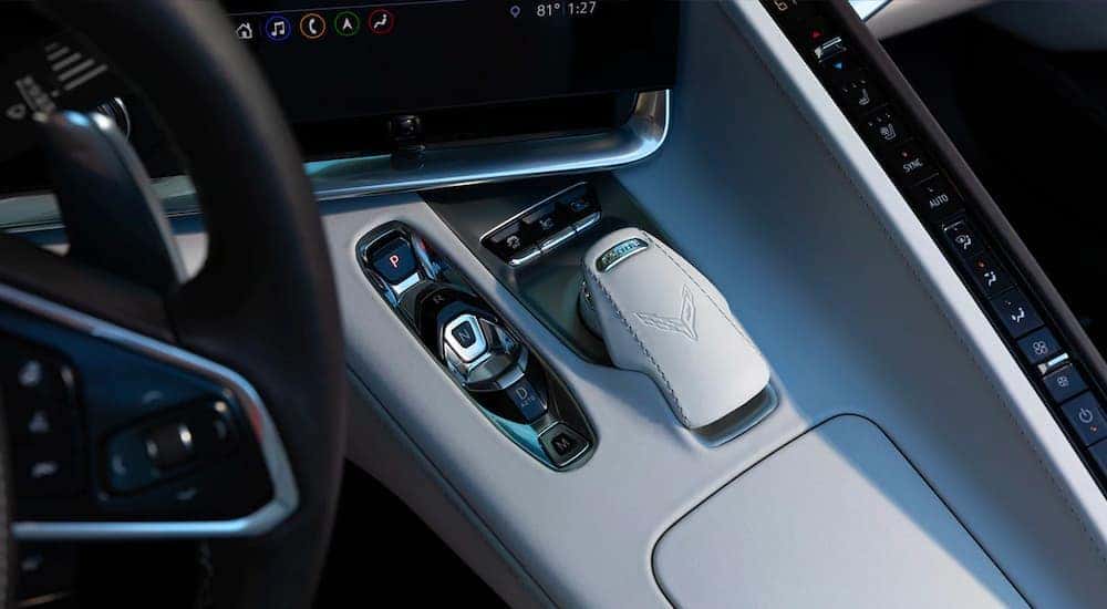 A close up shows the center console and controls in a 2022 Chevy Corvette.