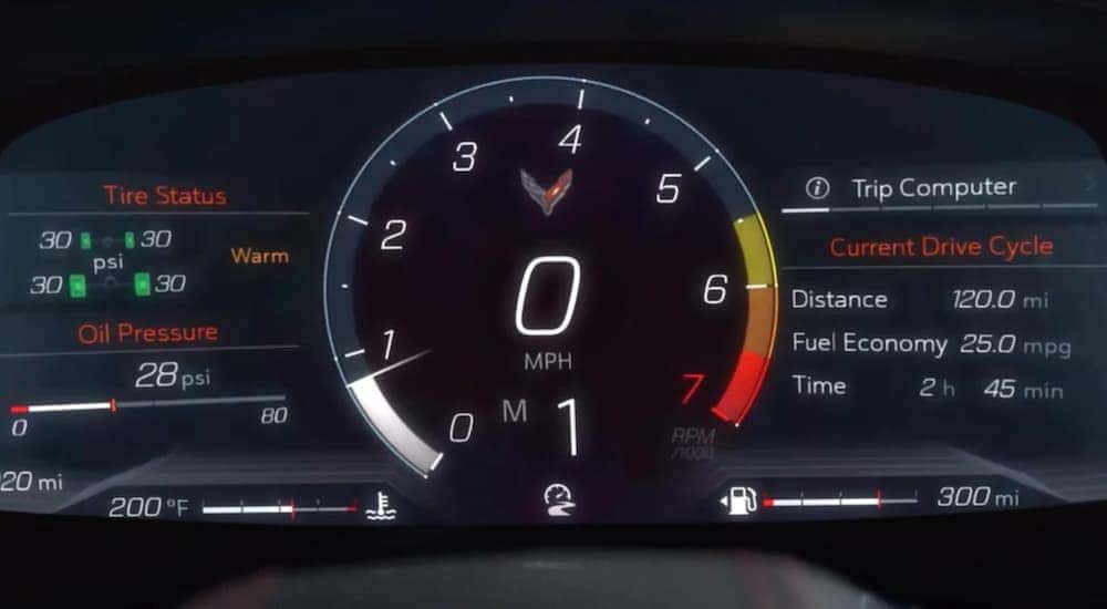 A close up shows the gauge cluster in a 2022 Chevy Corvette.