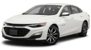 A white 2023 Chevy Malibu is shown angled left.