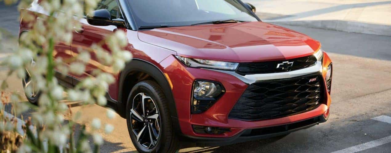 A red 2023 Chevy Trailblazer RS is shown in close up.