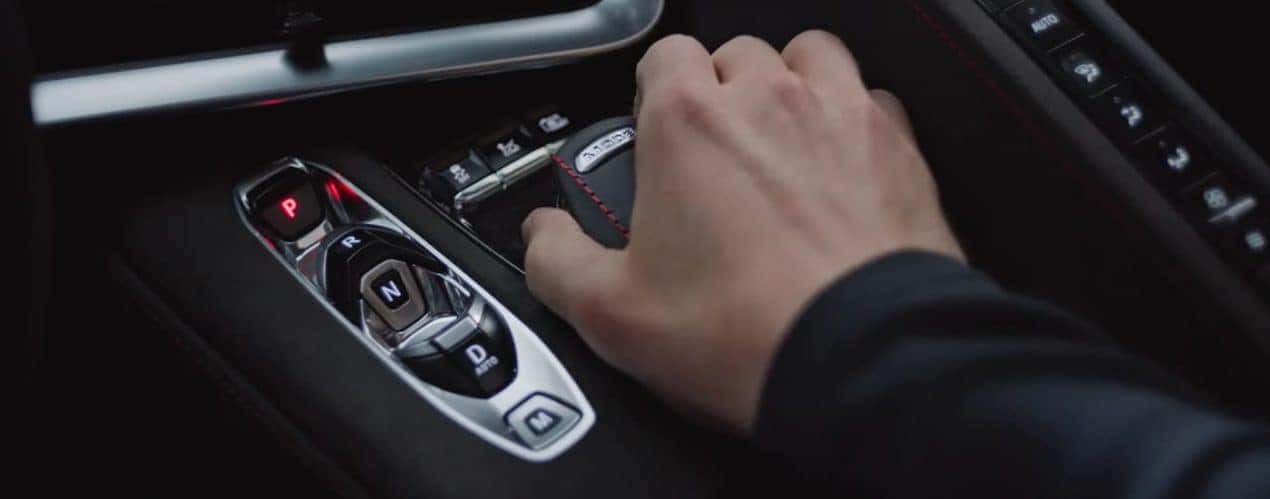 A close up shows the center console controls in a 2023 Chevy Corvette.