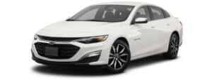 A white 2023 Chevy Malibu is shown angled left.