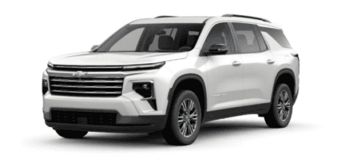 A white 2024 Chevy Traverse is shown angled left.