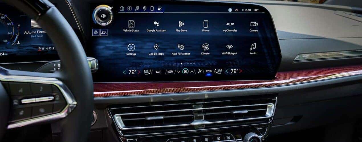 A close up of the infotainment screen in a 2024 Chevy Traverse Z71 is shown during a 2024 Chevy Traverse vs 2023 Chevy Traverse comparison.