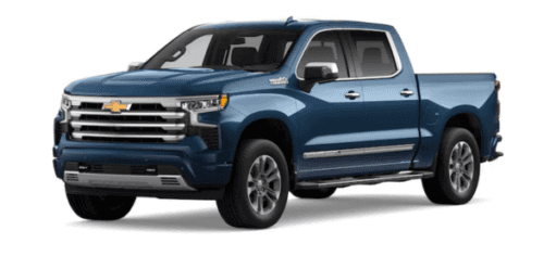 A blue 2024 Chevy Silverado 1500 High Country is shown angled left.