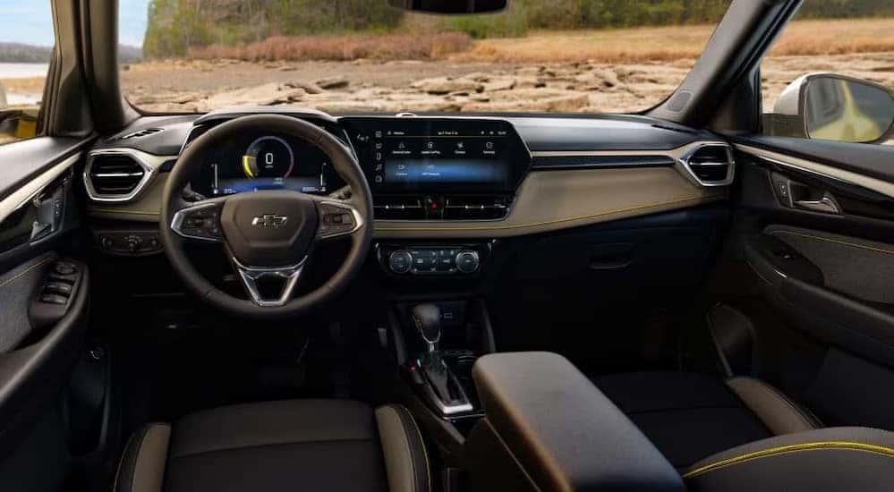 The black interior and dash of a 2024 Chevy Trailblazer is shown.
