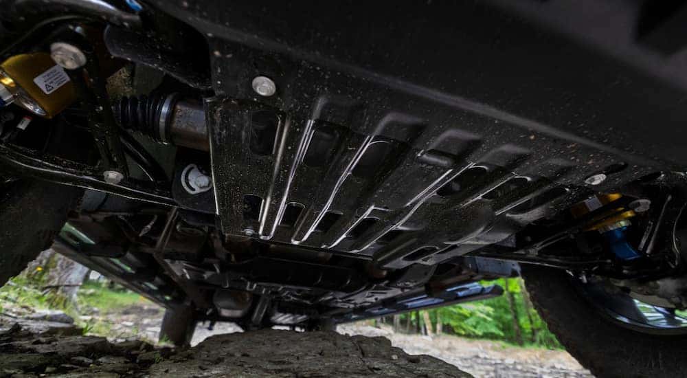 A close-up of the skid plate on a 2023 Chevy Silverado 1500 ZR2 Bison.