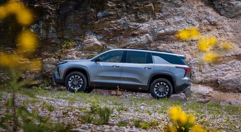 A side view of a grey 2024 Chevy Traverse Z71 parked in a flower field.