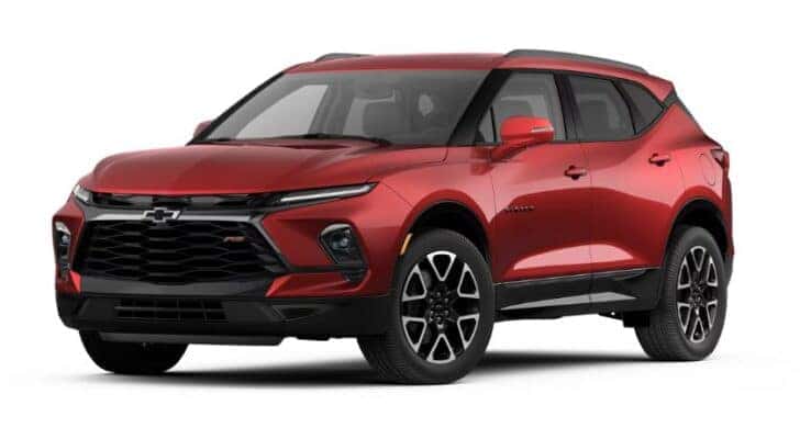 A red 2025 Chevy Blazer RS is angled left.