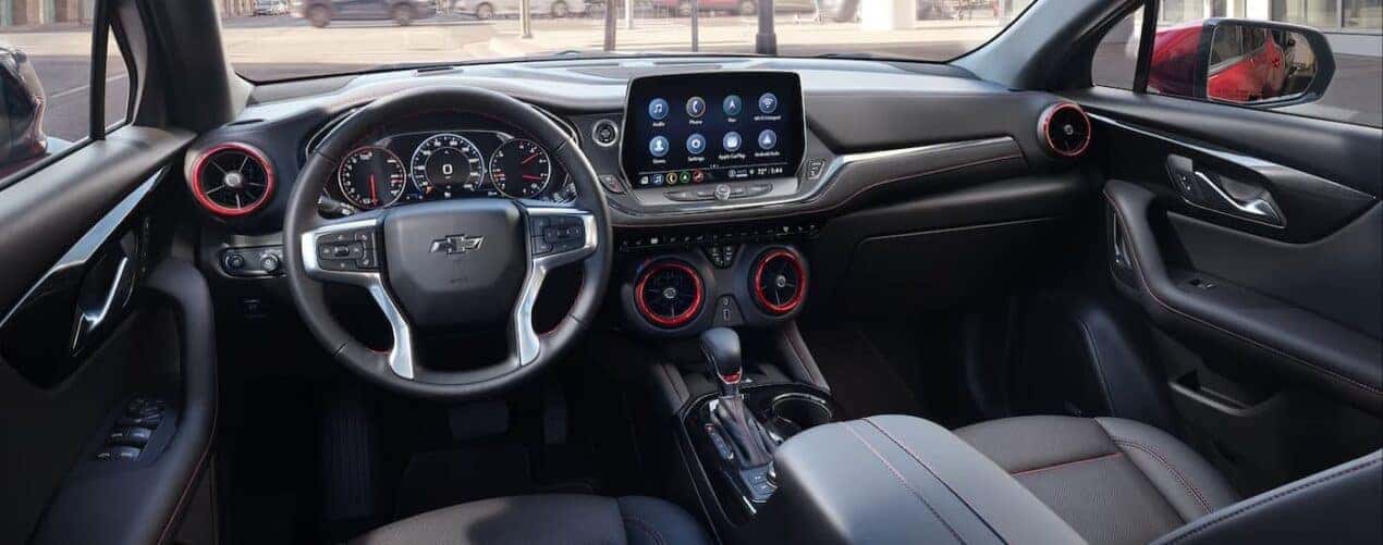 The black interior and dash are shown in a 2025 Chevy Blazer RS.