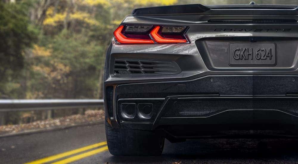 Close-up on the taillight of a grey 2025 Chevy Corvette E-Ray.