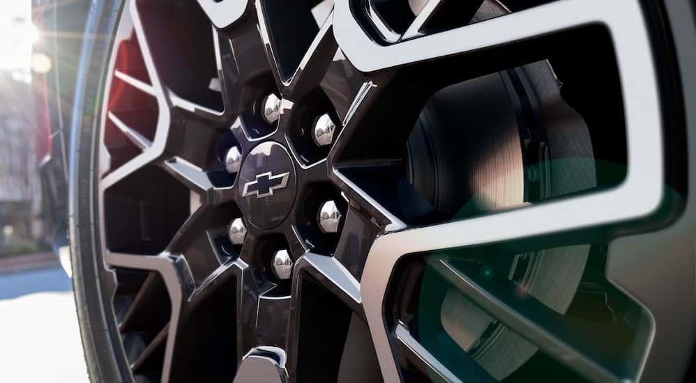 A close-up of a rim is shown on a 2025 Chevy Blazer for sale near Colonie.