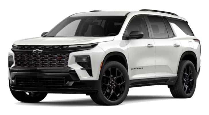 A white 2025 Chevy Traverse RS is angled left.