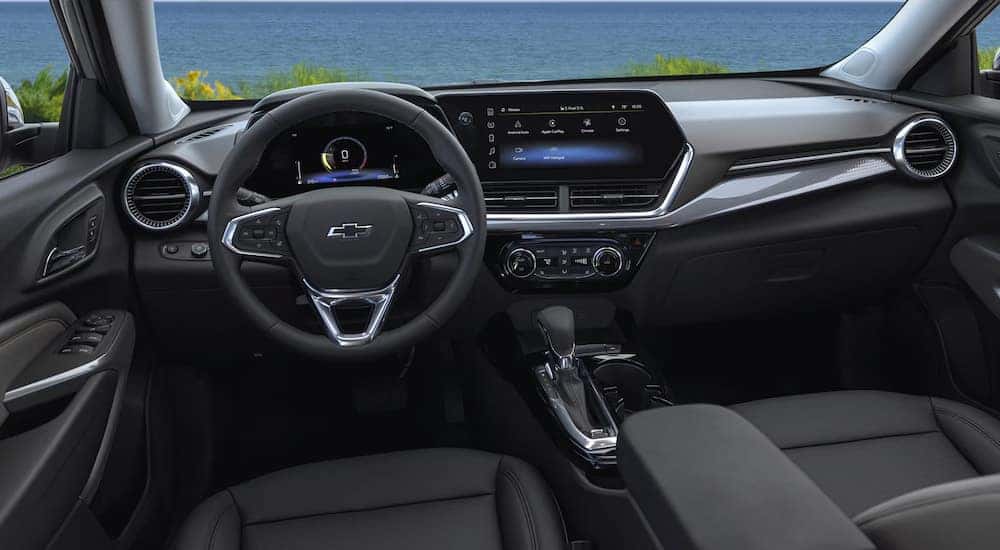 The black interior of a 2025 Chevy Trax.