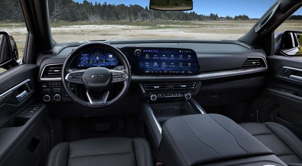 The black interior of a 2025 Chevy Tahoe for sale near Colonie is shown.