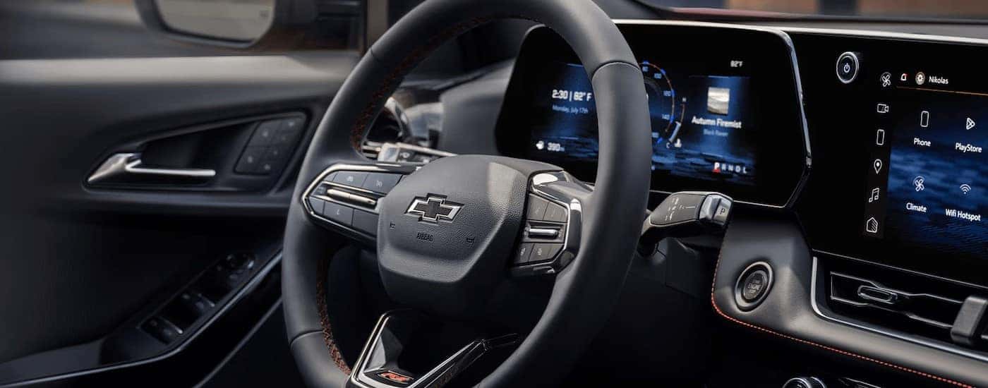 Close-up of the steering wheel in a 2025 Chevy Equinox.
