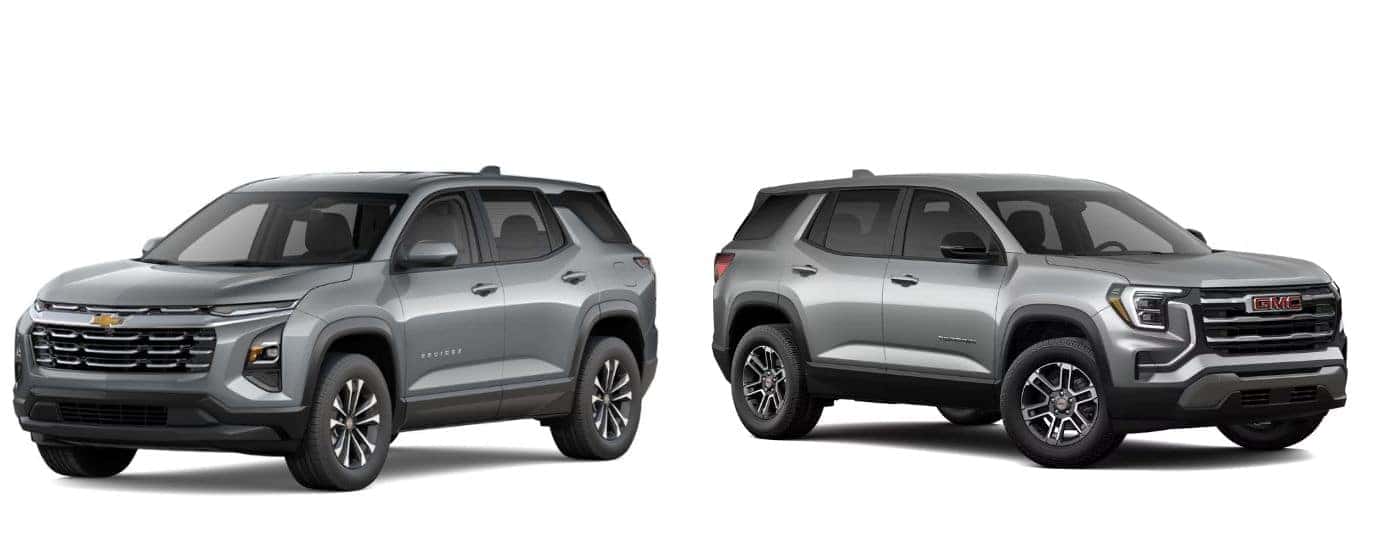 A silver 2025 Chevy Equinox and a silver 2025 GMC Terrain facing opposite directions.