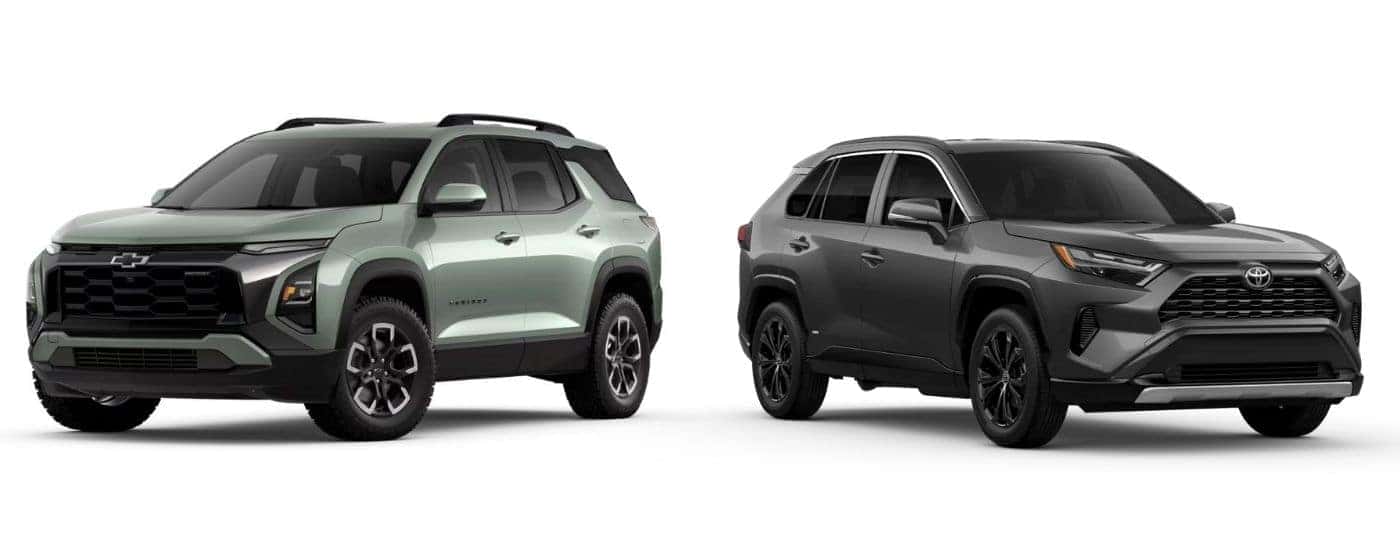 A green 2025 Chevy Equinx and a grey 2025 Toyota RAV4.