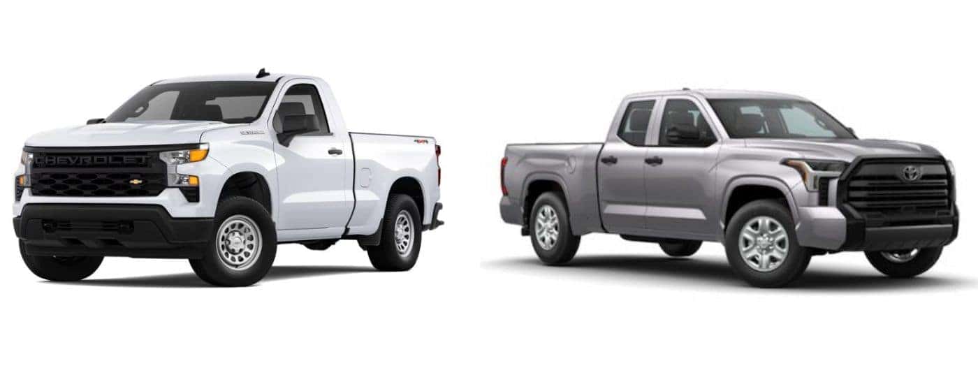 A white 2025 Chevy Silverado 1500 is angled left and a silver 2025 Toyota Tundra is angled right.