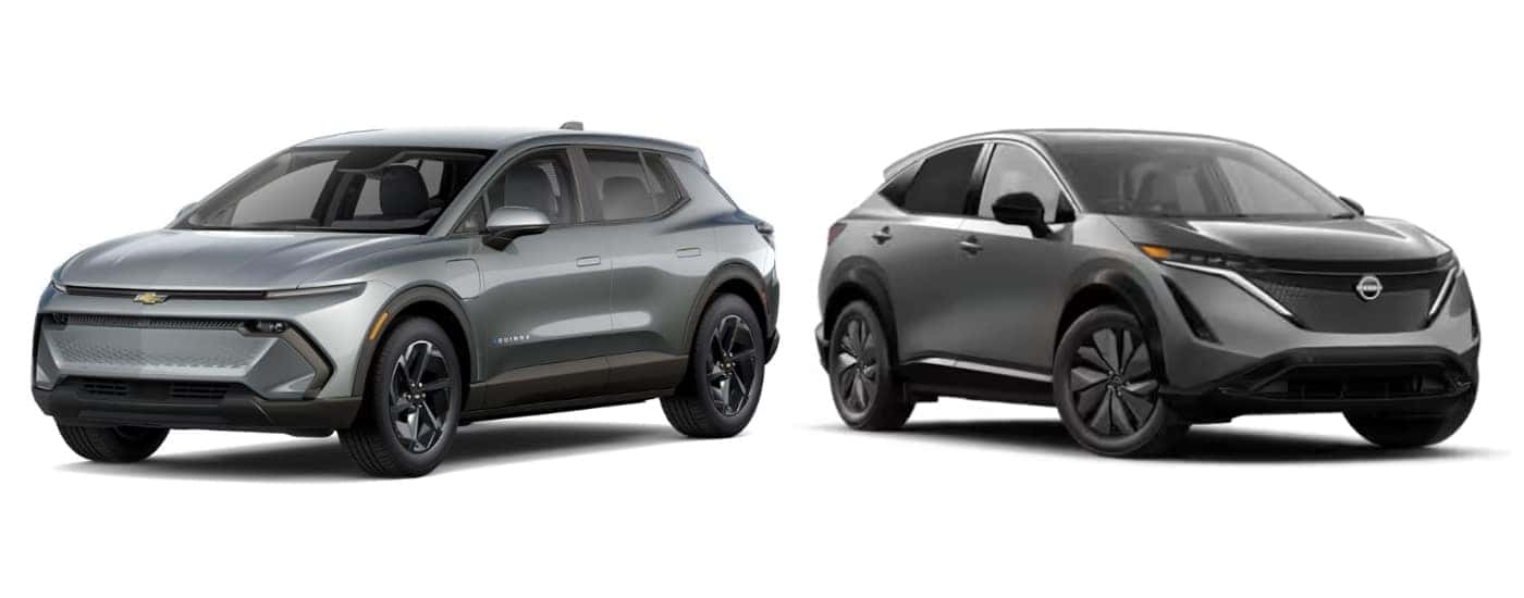 A silver 2025 Chevy Equinox EV LT angled left and a grey 2025 Nissan ARIYA ENGAGE angled right.