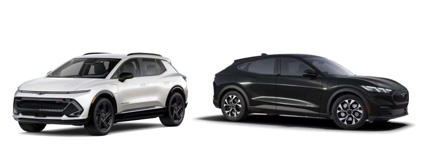 A white 2025 Chevy Equinox EV and a black 2025 Ford Mustang Mach-E facing opposite directions.
