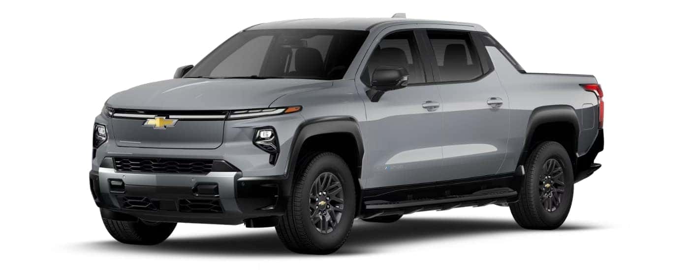 A silver 2025 Chevy Silverado EV LT angled left.