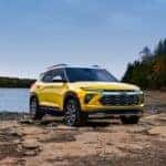 A yellow 2025 Chevy Trailblazer from the front at an angle.
