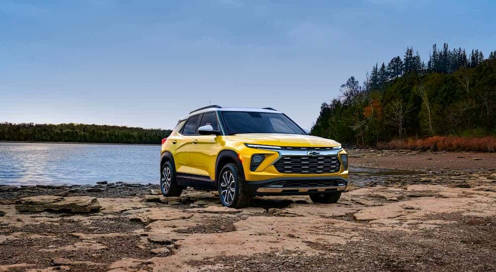 A yellow 2025 Chevy Trailblazer from the front at an angle.