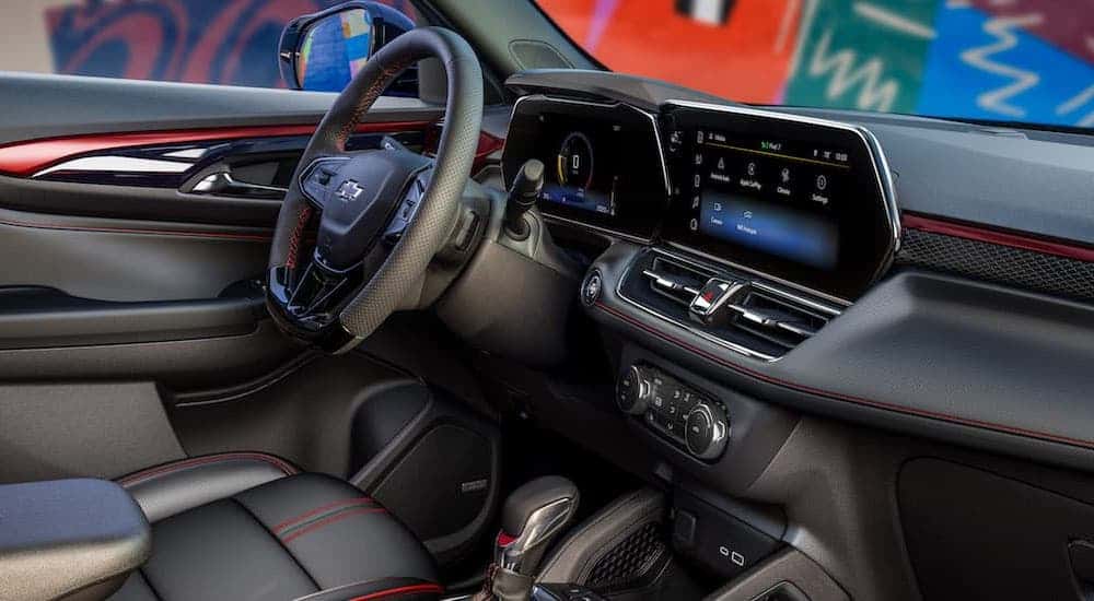 The black interior of a 2025 Chevy Trailblazer for sale near Amsterdam.