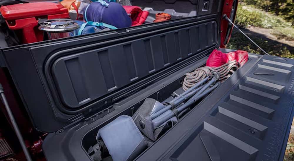 The tailgate storage on a 2023 Chevy Colorado.