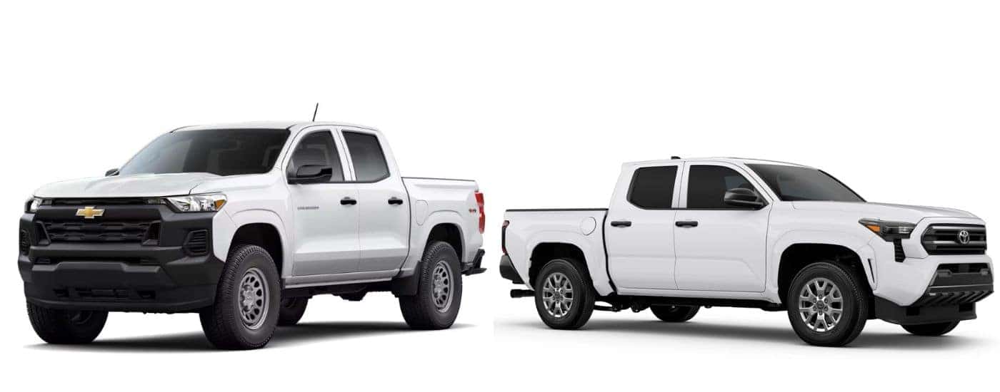 A white 2025 Chevy Colorado and a white 2025 Toyota Tacoma facing opposite directions.
