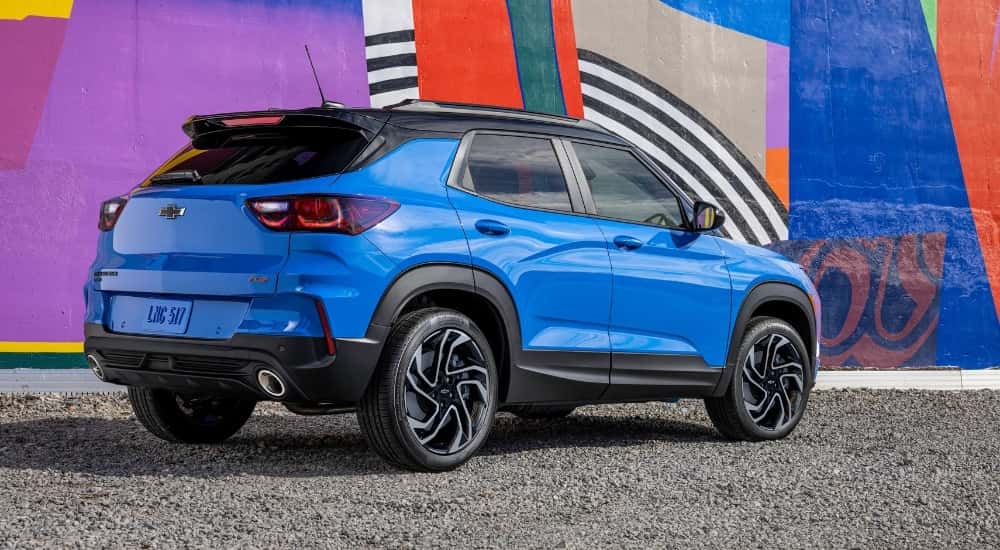 A blue 2026 Chevy Trailblazer RS from the rear at an angle.