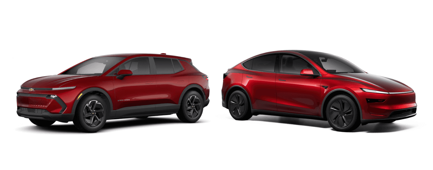 A red 2025 Chevy Equinox EV vs a red 2025 Tesla Model Y