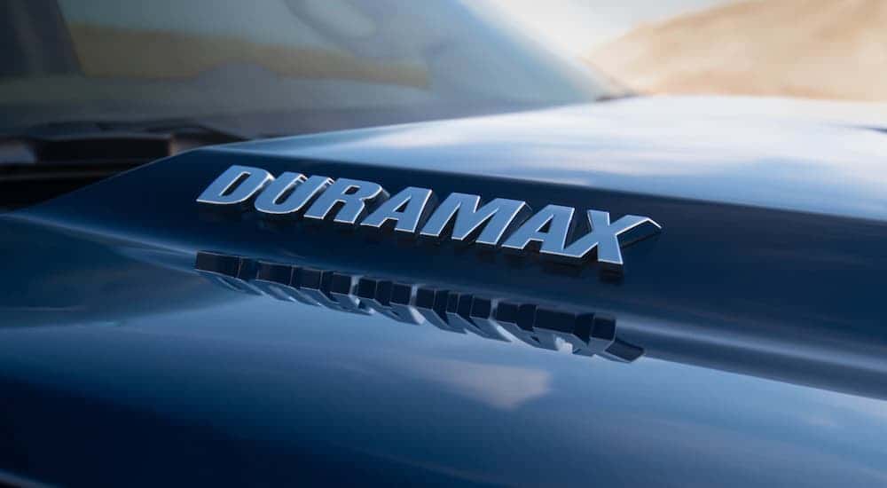 A Duramax badge on a used 2021 Chevy SIlverado 1500 for sale near Troy