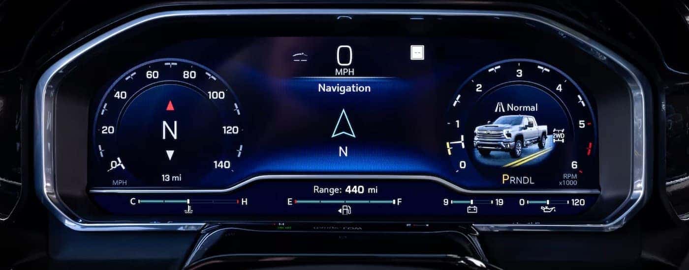 Close-up of the digital dash in a 2025 Chevy Silverado 3500 HD.