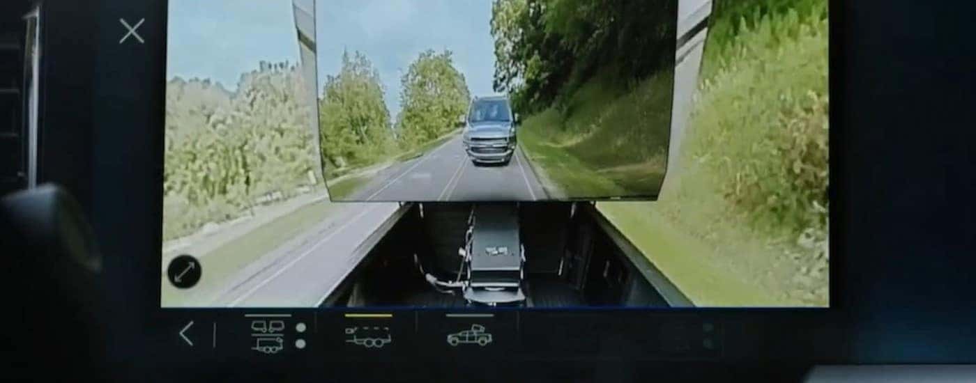 Close-up of a trailering cam on a infotainment screen in a 2025 Chevy Silverado 3500 HD.