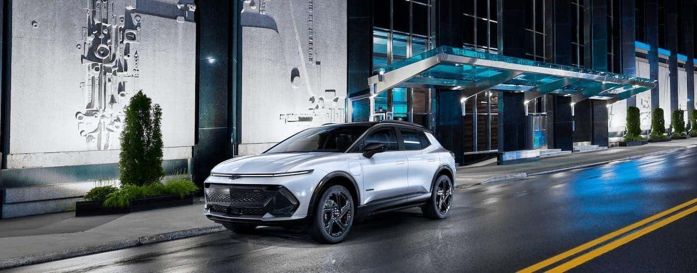 A white 2025 Chevy Equinox EV from the front at an angle.