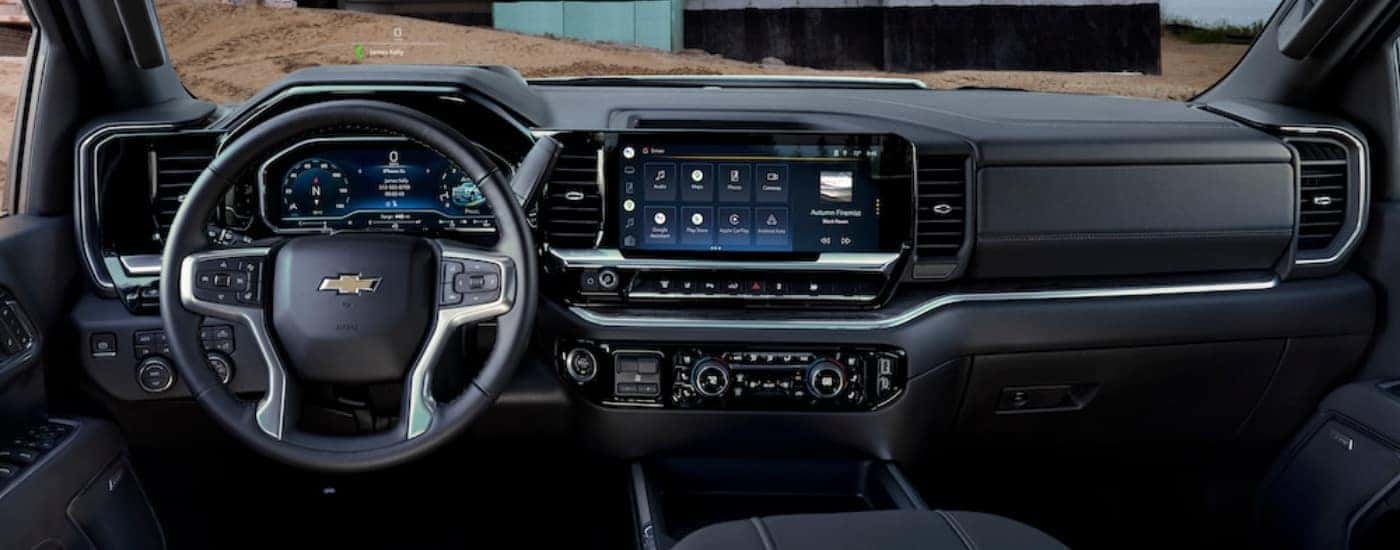 The black interior of a 2025 Chevy Silverado 3500 HD.