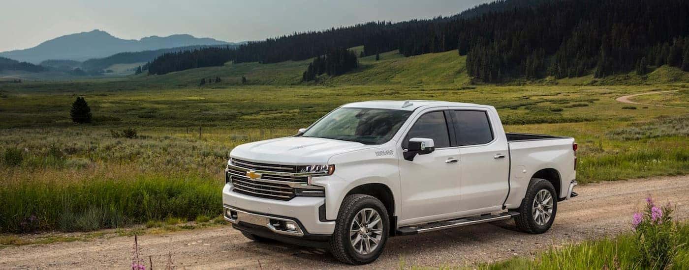 A white 2019 Chevy Silverado High Country parked on a dirt road.