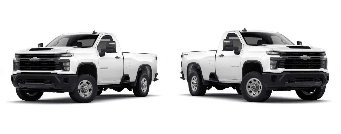 A white 2025 Chevy Silverado 2500 HD vs a white 2025 Chevy Silverado 3500 HD