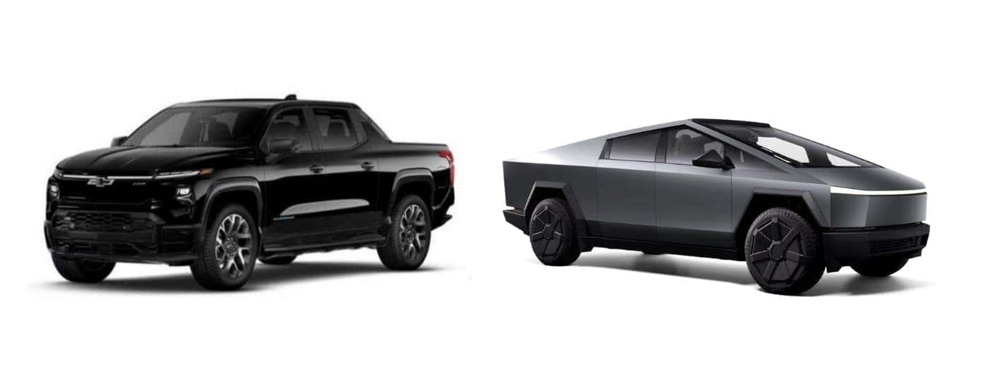Black 2025 Chevy Silverado EV and grey 2025 Tesla Cybertruck