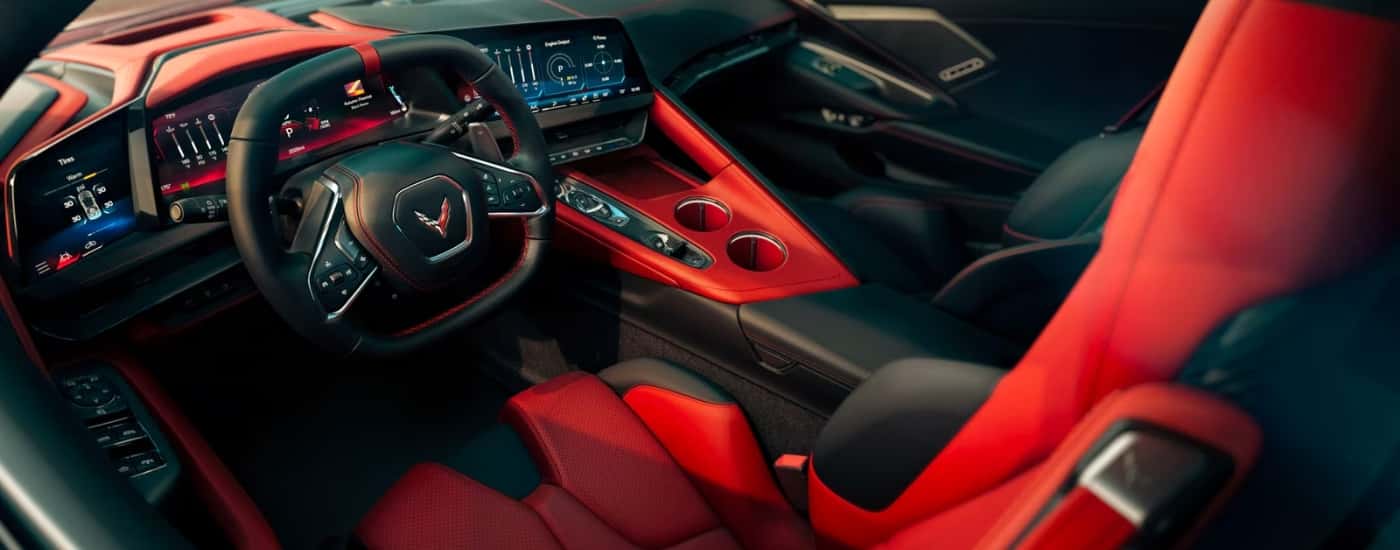 Red and black interior in a 2026 Chevy Corvette.