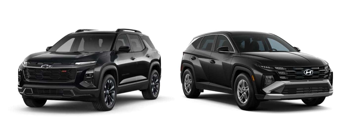 Black 2025 Chevy Equinox RS angled left and black 2025 Hyundai Tucson SE angled right