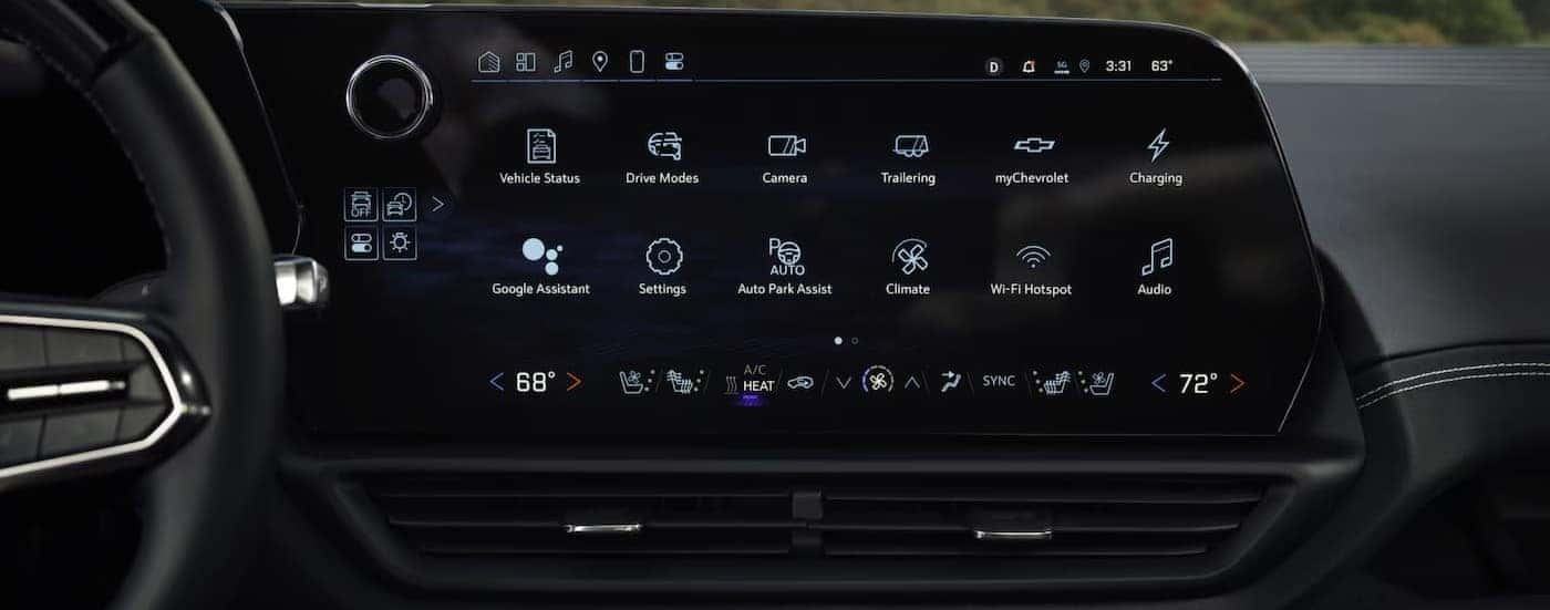 Close-up of the infotainment screen in a 2025 Chevy Silverado EV.