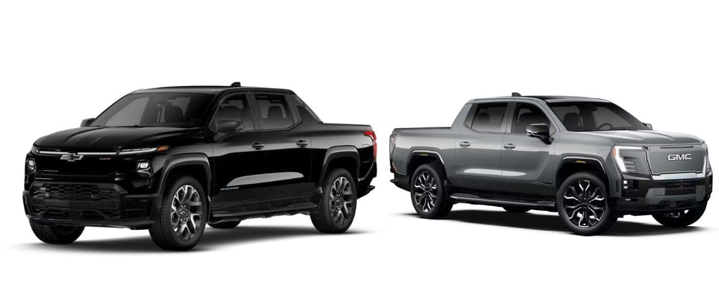 2025 Chevy Silverado EV and 2025 GMC Sierra EV side by side