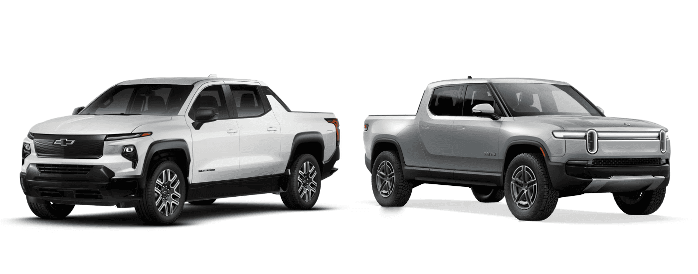 A white 2025 Chevy Silverado EV vs a silver 2025 Rivian R1T