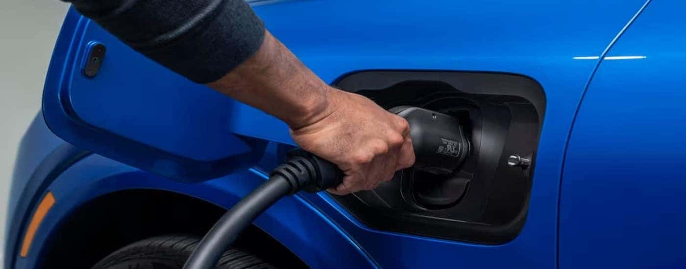 A person charging a blue 2024 Chevy Equinox EV.
